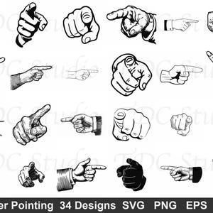 May include: A collection of 34 black and white illustrations of hands pointing in various directions. The designs are in SVG, PNG, EPS, and DXF formats. The text "Finger Pointing" is at the bottom.