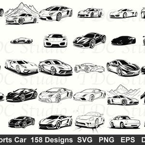 Könnte beinhalten: Schwarz-Weiß-Illustrationen verschiedener Sportwagen. Das Bild zeigt eine Vielzahl von Autodesigns, von schlanken, modernen Modellen bis hin zu klassischen Stilen, mit Bergsilhouetten im Hintergrund. Der Text unten lautet "Sports Car 158 Designs SVG PNG EPS DXF".
