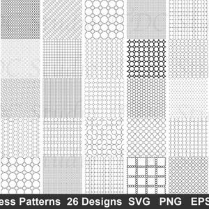 Könnte beinhalten: Eine Sammlung von 26 nahtlosen Mustern in Schwarz und Weiß. Die Muster umfassen verschiedene geometrische Designs wie Kreise, Quadrate und Linien. Das Bild enthält auch den Text "Seamless Patterns 26 Designs SVG PNG EPS DXF".