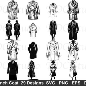 May include: A collection of twenty-nine black and white illustrations of trench coats in various styles, including long and short lengths, belted designs, and double-breasted closures. The text at the bottom reads Trench Coat 29 Designs SVG PNG EPS DXF.