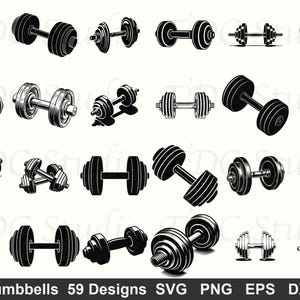 Op de afbeelding: Een verzameling verschillende halterontwerpen in zwart en wit. De afbeelding toont verschillende stijlen en maten halters, geschikt voor fitness en gewichtheffen. De tekst onderaan luidt "Dumbbells 59 Designs SVG PNG EPS DXF."