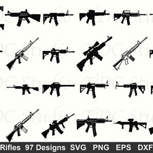 May include: A selection of black rifle silhouettes in diverse designs. The image presents multiple firearm illustrations, including rifles with scopes and varying barrel lengths, set against a white backdrop. The text "Rifles 97 Designs SVG PNG EPS DXF" is at the bottom.