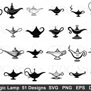 May include: Collection of 51 magic lamp designs in various styles, including silhouettes and detailed line drawings. The lamps are in black and white, with some featuring smoke or ornate details. The image includes the text "Magic Lamp 51 Designs SVG PNG EPS DXF".