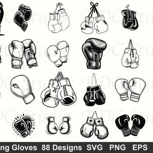 以下が含まれることがあります： 白黒のボクシンググローブのデザインコレクション。画像には、さまざまなスタイルとポーズのボクシンググローブのイラストがいくつか表示されています。ペアと個々のグローブが含まれます。下部のテキストは「Boxing Gloves 88 Designs SVG PNG EPS DXF」と表示されています。