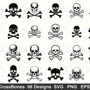 Puede incluir: Una colección de 20 diseños de calaveras y huesos cruzados en blanco y negro. Las calaveras varían en estilo, algunas con detalles y otras simplificadas. La imagen incluye el texto "SkullCrossBones 86 Designs SVG PNG EPS DXF".
