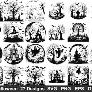 May include: A collection of 27 black and white Halloween-themed digital illustrations featuring ghosts, pumpkins, haunted houses, bare trees, bats, and graveyards. The text at the bottom reads: Halloween 27 Designs SVG PNG EPS DXF.