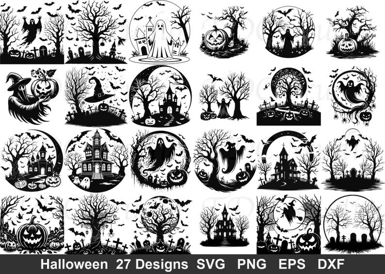 May include: A collection of 27 black and white Halloween-themed digital illustrations featuring ghosts, pumpkins, haunted houses, bare trees, bats, and graveyards. The text at the bottom reads: Halloween 27 Designs SVG PNG EPS DXF.