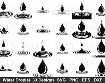 Water Droplet SVG Bundle (33 Designs) - Water Ripple PNG, Rain Drop Silhouette, Plumbing Logo Cut File, Liquid Splash Oil Graphic Art