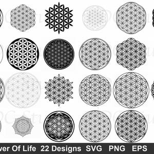 Blomman av livet SVG-paket (22 designer) - Helig geometri PNG, Mandala-silhuett, Metatron-meditationsklippfil, Yogastudio-andlig konst