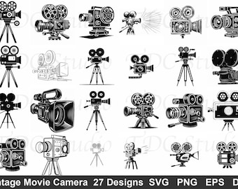 Vintage Movie Camera SVG Bundle (27 Designs) - Retro Cinema PNG, Film Camera Silhouette, Videographer Cut File, Movie Night Hollywood Decor