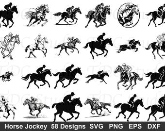 Paquete SVG de jinete de caballos (58 diseños): Caballo de carreras PNG, silueta ecuestre, archivo de corte de carreras de caballos, arte deportivo del día del Derby