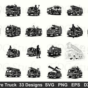 May include: Collection of 33 black and white fire truck designs in various styles. Includes fire trucks with ladders, firefighters, and other equipment. The image also includes the text "Fire Truck 33 Designs SVG PNG EPS DXF".