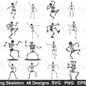 Bundle SVG squelette dansant (46 modèles) - PNG groovy effrayant, silhouette squelette Halloween, fichier coupe Goth rétro, art de la danse osseuse drôle