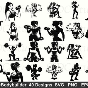 May include: A set of 20 black and white illustrations of female bodybuilders in different poses. The images show women lifting weights, flexing muscles, and exercising. The text "FemaleBodybuilder 40 Designs SVG PNG EPS DXF" is at the bottom.