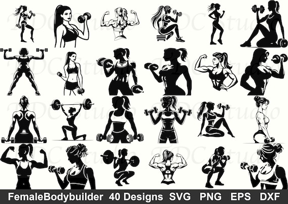 Female Fitness SVG Bundle – Bodybuilder Silhouette, Gym Motivation (40 Designs) (Digital Download)