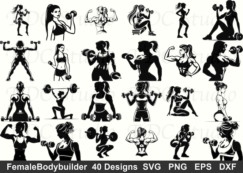 May include: A collection of 20 black and white illustrations of female bodybuilders in various poses. The images depict women lifting weights, flexing muscles, and working out. The text "FemaleBodybuilder 40 Designs SVG PNG EPS DXF" is at the bottom.