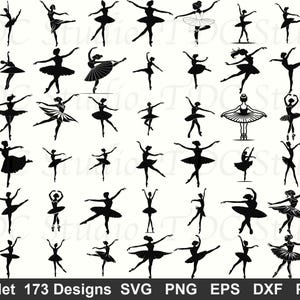 Pode incluir: Uma coleção de 173 desenhos de silhuetas pretas de bailarinas em várias poses. As bailarinas são retratadas com tutus e movimentos graciosos, perfeitos para projetos de arte digital. A imagem inclui o texto "Ballet 173 Designs SVG PNG EPS DXF PDF".