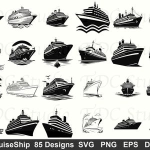May include: A collection of 20 black and white cruise ship designs. The ships vary in style, some with detailed lines and others with a more simplified silhouette. The image includes the text "CruiseShip 85 Designs SVG PNG EPS DXF".