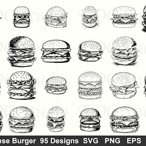 Könnte beinhalten: Eine Sammlung von 20 schwarz-weißen Illustrationen von Cheeseburgern in verschiedenen Größen und Stilen. Die Burger zeigen Sesambrötchen, Patties, Käse und Salat. Der Text "Cheese Burger 95 Designs" befindet sich unten.