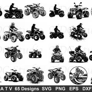 Könnte beinhalten: Sammlung von 65 ATV-Designs in den Formaten SVG, PNG, EPS und DXF. Die Bilder zeigen verschiedene Geländefahrzeuge, einige mit Fahrern, in Schwarzweiß. Die Designs umfassen verschiedene Stile und Perspektiven von ATVs.