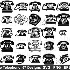 May include: Collection of vintage telephone designs in black and white. The image features various styles of rotary dial phones, including desk and wall-mounted models. The text at the bottom reads "Vintage Telephone 57 Designs SVG PNG EPS DXF".