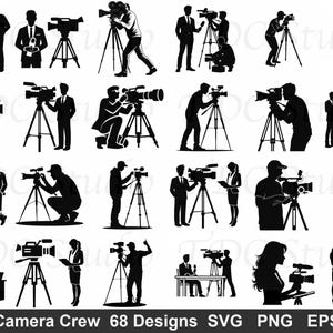 May include: A set of 68 black silhouette designs depicting news camera crew members with cameras on tripods. The designs show people in various poses, including filming, reporting, and working with equipment. The text "News Camera Crew" is at the bottom.