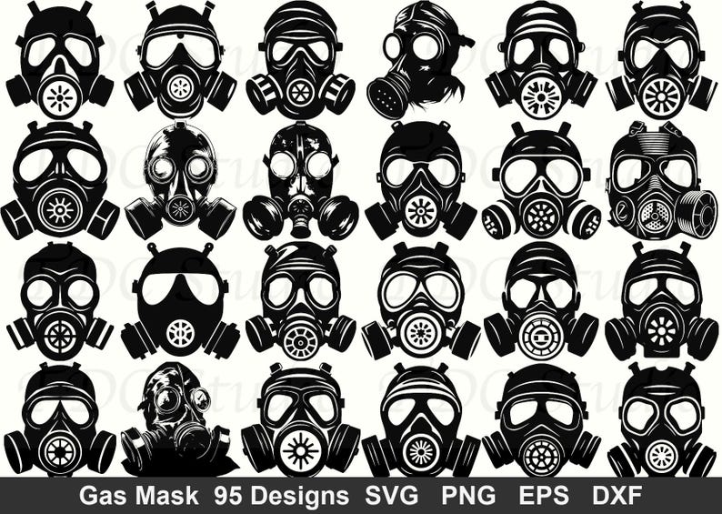 Gas Mask SVG Bundle (95 Designs) - Tactical Mask PNG, Post Apocalyptic ...