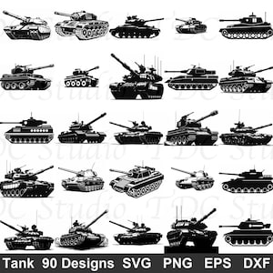 90 Tank Designs SVG-bundel Battle Tanks militair leger gesneden bestanden voor Cricut (digitale download commercieel gebruik) Tank Combat Panzer Vehicle