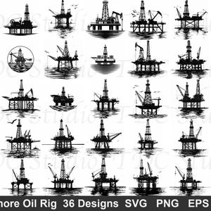 May include: A collection of 36 black and white illustrations of offshore oil rigs. The designs vary in style, depicting the rigs in the ocean with cranes, platforms, and other equipment. The image includes the text "Off Shore Oil Rig 36 Designs SVG PNG EPS DXF."