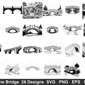 Op de afbeelding: Een verzameling van zesentwintig zwart-wit grafische illustraties met diverse stenen brugontwerpen. De afbeeldingen tonen boogbruggen, sommige met gedetailleerd metselwerk, waterreflecties, omliggende bomen en rotsachtige landschappen in verschillende stijlen.