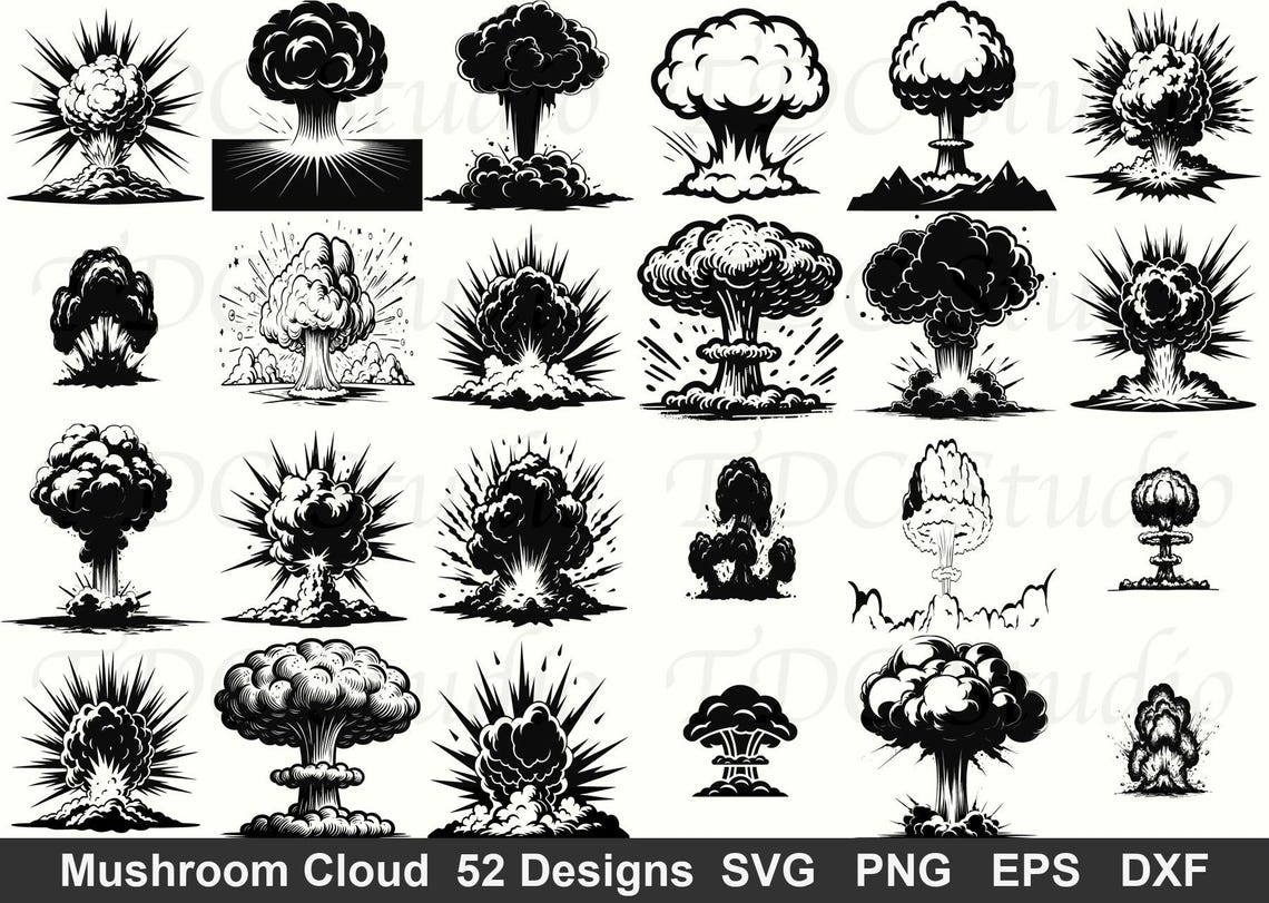 Explosion Design Post Mushroom Cloud SVG Bundle (52 Designs) - Nuclear Explosion PNG, Atomic ...