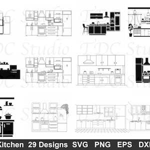 Op de afbeelding: Een verzameling van 29 keukenontwerpen in SVG-, PNG-, EPS- en DXF-formaten. De ontwerpen zijn in zwart-wit en tonen verschillende keukenindelingen, waaronder kasten, apparaten en keukeneilanden. De afbeelding bevat de tekst "Kitchen 29 Designs".