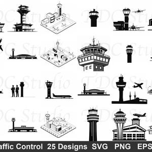 May include: A collection of 25 black and white air traffic control tower designs. The illustrations depict various airport control towers, some with airplanes, in a minimalist style. The text "Air Traffic Control 25 Designs" is at the bottom.