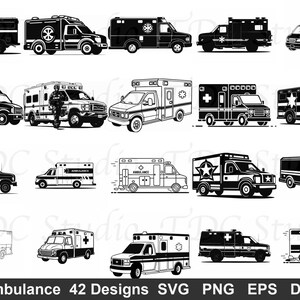 Könnte beinhalten: Eine Sammlung von 18 schwarz-weißen Krankenwagen-Designs in verschiedenen Stilen. Das Bild zeigt verschiedene Ansichten der Notfallfahrzeuge, einige mit Sternen und medizinischen Symbolen. Der Text unten lautet "Ambulance 42 Designs SVG PNG EPS DXF."