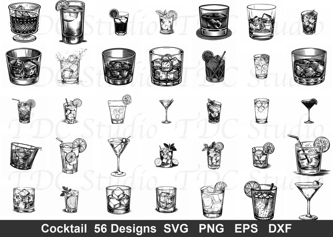Cocktail SVG Bundle (56 Designs) - Whiskey Glass Vintage Mixed Drink ...