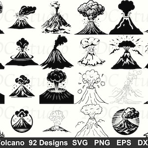 Puede incluir: Una colección de 20 diseños de volcanes en blanco y negro. Las ilustraciones muestran volcanes en erupción con humo y cenizas. La imagen también incluye el texto "Volcano 92 Designs SVG PNG EPS DXF".