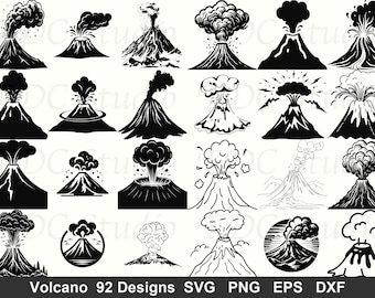 Paquete SVG de volcán (92 diseños). Silueta de montaña, calcomanía de geología, clipart de naturaleza, erupción volcánica, descarga digital, uso comercial.