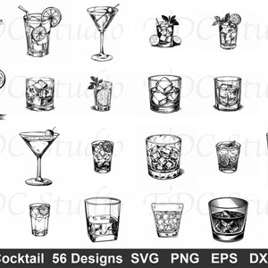 Può includere: Illustrazioni in bianco e nero di vari cocktail in diversi bicchieri, tra cui martini, highball e bicchieri old-fashioned. Alcune bevande presentano ghiaccio, guarnizioni e cannucce. Il testo "Cocktail 56 Designs" è in basso.