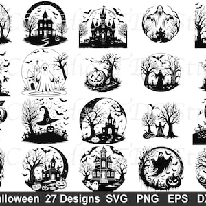 May include: A collection of twenty-seven black and white Halloween-themed digital illustrations featuring ghosts, haunted houses, jack-o'-lanterns, bare trees, bats, and graveyards. The text at the bottom reads Halloween 27 Designs SVG PNG EPS DXF.