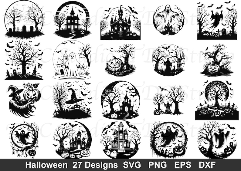 May include: A collection of twenty-seven black and white Halloween-themed digital illustrations featuring ghosts, haunted houses, jack-o'-lanterns, bare trees, bats, and graveyards. The text at the bottom reads Halloween 27 Designs SVG PNG EPS DXF.