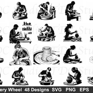 Puede incluir: Ilustraciones en blanco y negro de artistas de cerámica trabajando en un torno de alfarero. Las imágenes muestran varias etapas del proceso de cerámica, desde dar forma a la arcilla hasta agregar detalles. El texto en la parte inferior dice "Pottery Wheel 48 Designs SVG PNG EPS DXF."