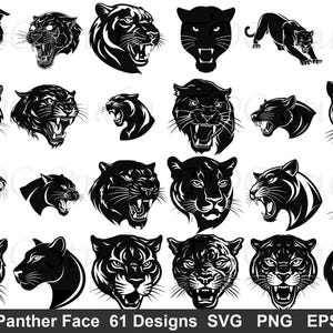 Puede incluir: Una colección de 61 diseños de caras de pantera negra en varias poses y expresiones. Las imágenes están en formato vectorial, adecuadas para archivos SVG, PNG, EPS y DXF. Los diseños incluyen panteras rugiendo y perfiles de pantera.