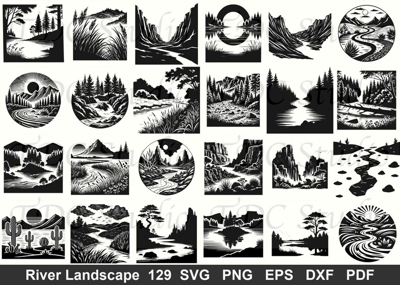 129 Nature Scenes SVG Clipart Bundle | Rivers Mountains Lakes Landscape ...