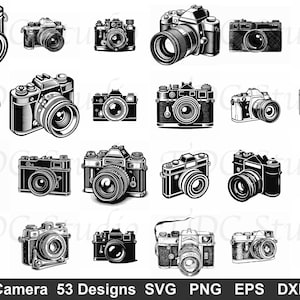 May include: A collection of 20 black and white illustrations of vintage cameras. The cameras vary in style and size, with detailed depictions of lenses, bodies, and controls. The image includes the text "Camera 53 Designs" at the bottom.