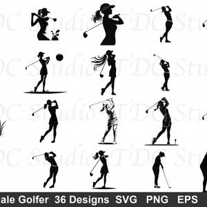 Op de afbeelding: Een verzameling van 36 zwarte silhouetontwerpen van vrouwelijke golfers in verschillende poses, die golfclubs zwaaien. De afbeelding bevat de tekst "Female Golfer 36 Designs SVG PNG EPS DXF".