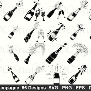 Può includere: Una collezione di illustrazioni in bianco e nero di bottiglie di champagne, alcune con tappi che saltano e spruzzi di bollicine. Diversi disegni includono calici di champagne. L'immagine include il testo "Champagne 56 Designs SVG PNG EPS DXF".