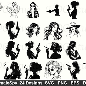 以下が含まれることがあります： さまざまなポーズの女性の姿を描いた、24のデザインの白黒コレクション。銃を持ったり、タバコを吸ったり、サングラスをかけたりしている姿も。下部には「FemaleSpy 24 Designs」の文字。