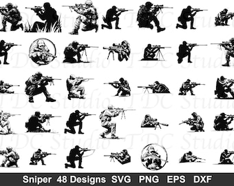 Puede incluir: Colección de 48 diseños de francotiradores en blanco y negro. La imagen muestra varias poses de soldados con rifles, incluyendo siluetas e ilustraciones detalladas. Formatos: SVG, PNG, EPS y DXF.