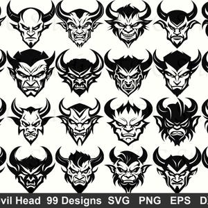 May include: A collection of 20 black and white devil head designs with horns, sharp teeth, and menacing expressions. The image includes the text "Devil Head 99 Designs SVG PNG EPS DXF".
