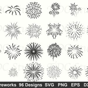 May include: A collection of 20 black and white fireworks designs in various shapes and sizes. The image includes starbursts, bursts, and other stylized firework illustrations. The text at the bottom reads "Fireworks 96 Designs SVG PNG EPS DXF."
